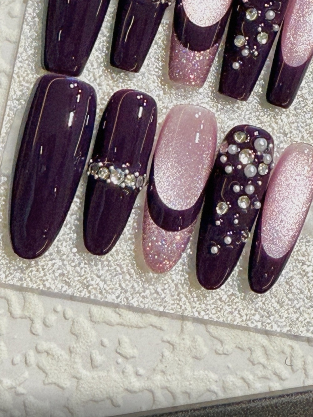 Hand made Luxury Deep Plum and Shimmer Pink Press-On Nail Set - Women Makeup